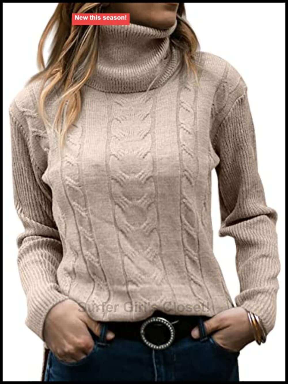 Turtleneck Long Sleeve Cable Knit Sweater Pullover
